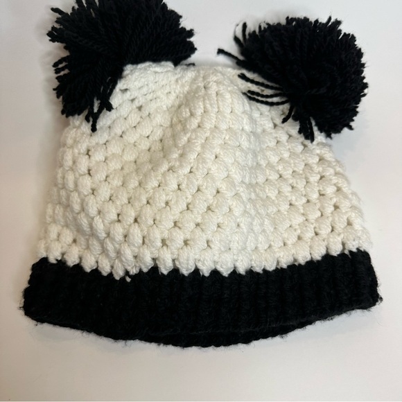 New Hand Crocheted Knit Panda Beanie Hat Black White Funky Unique Pom Pom Ears - Picture 4 of 5